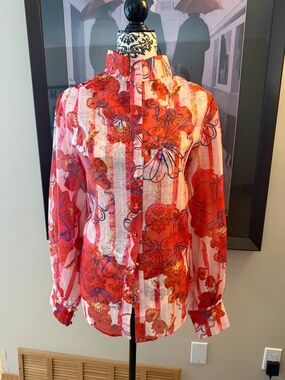 Floral Stripe Button-Up Blouse in Red and Pink